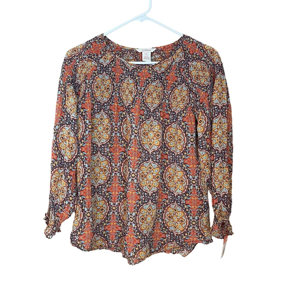 Sundance Womens S 100% Silk Peasant Blouse Orange Brown Boho Sheer Top